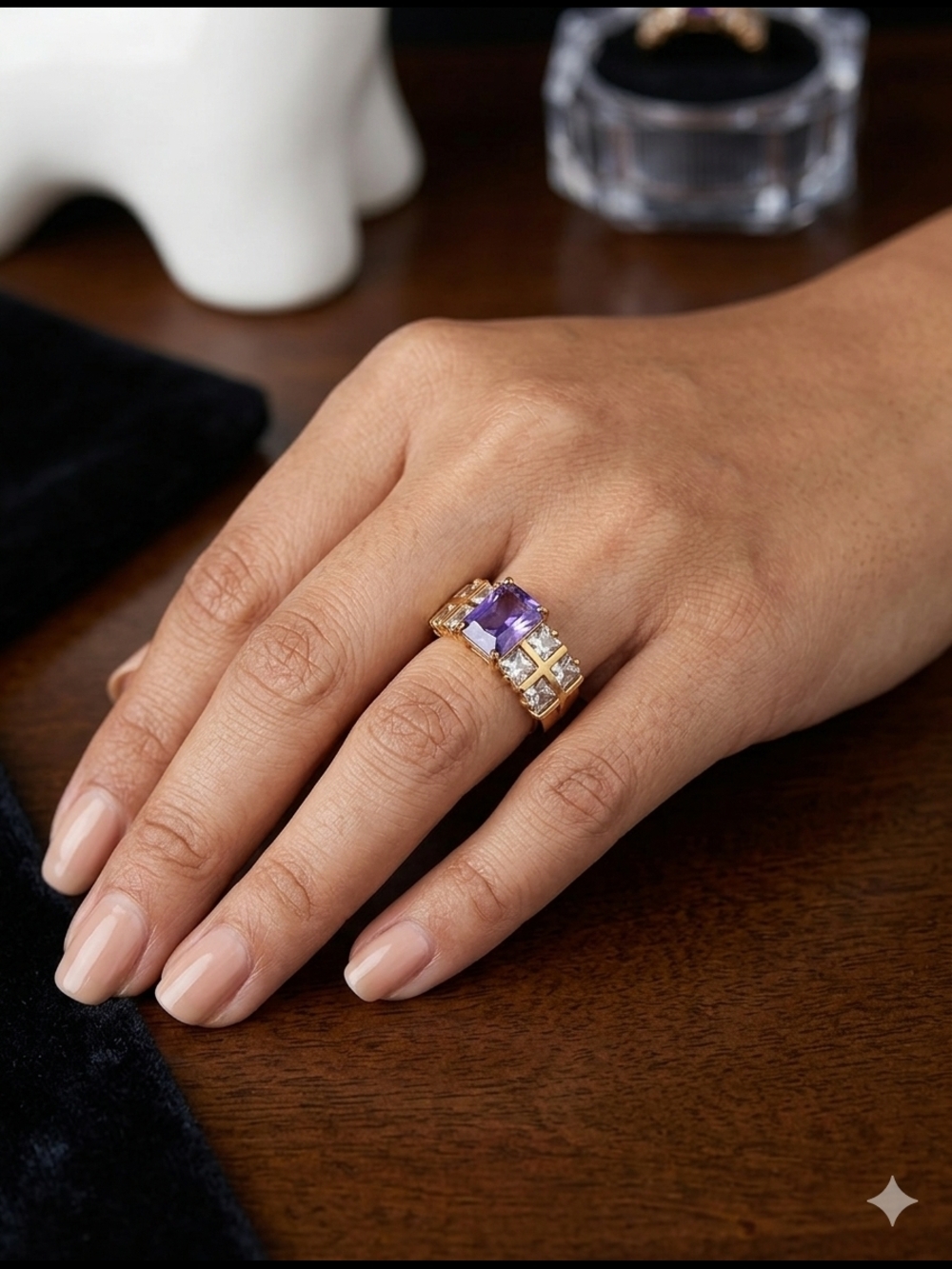 Gold‎ Ring  Fashion with Purple Center Stone and Clear Accents